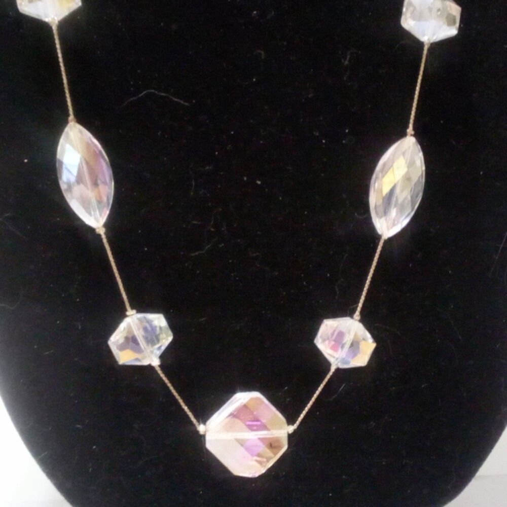 Vintage Silver Tone Crystal Station Chain Necklace